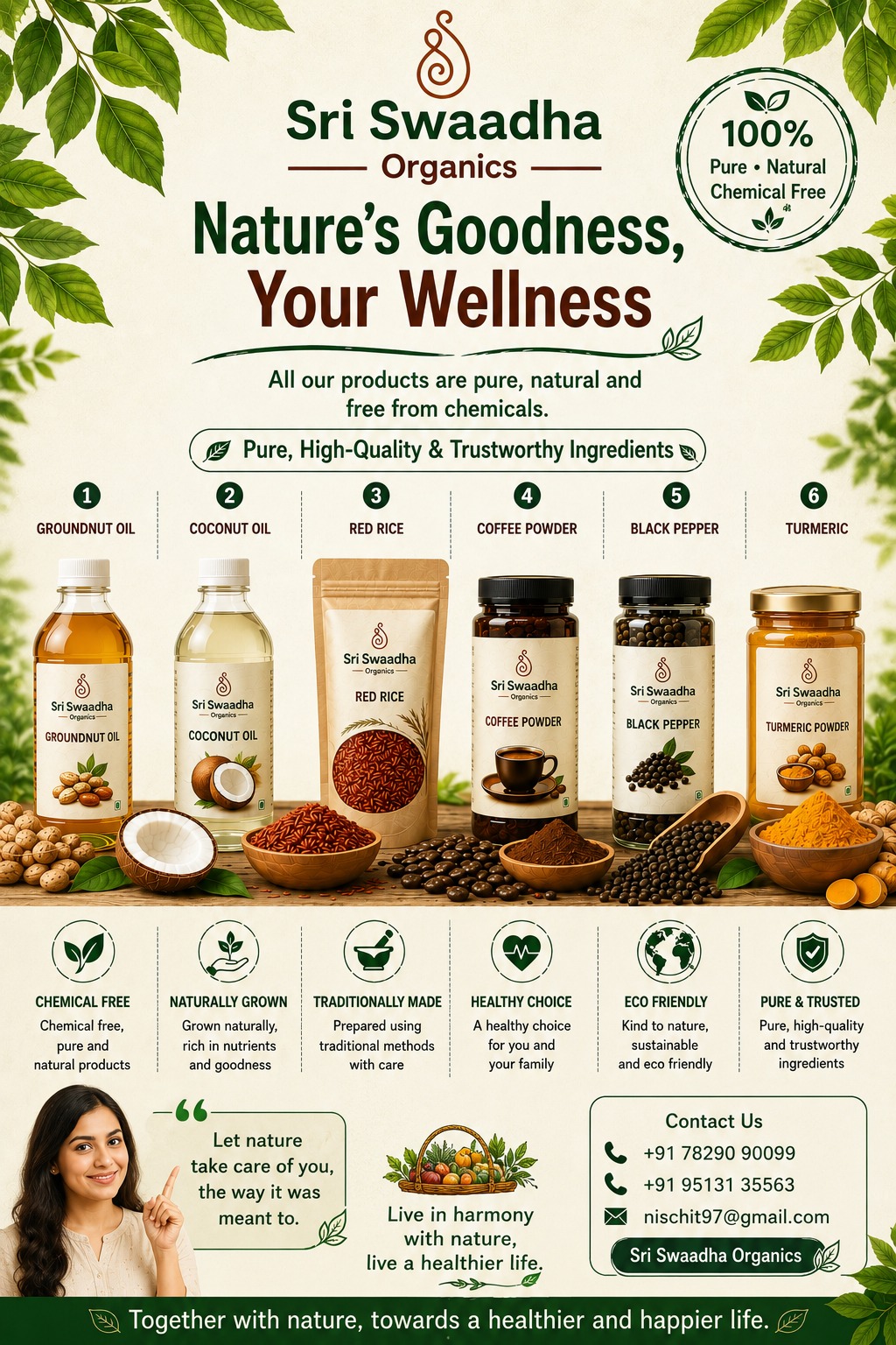 Sri Swaadha Organics — all six products: Groundnut Oil, Coconut Oil, Red Rice, Coffee Powder, Black Pepper & Turmeric.